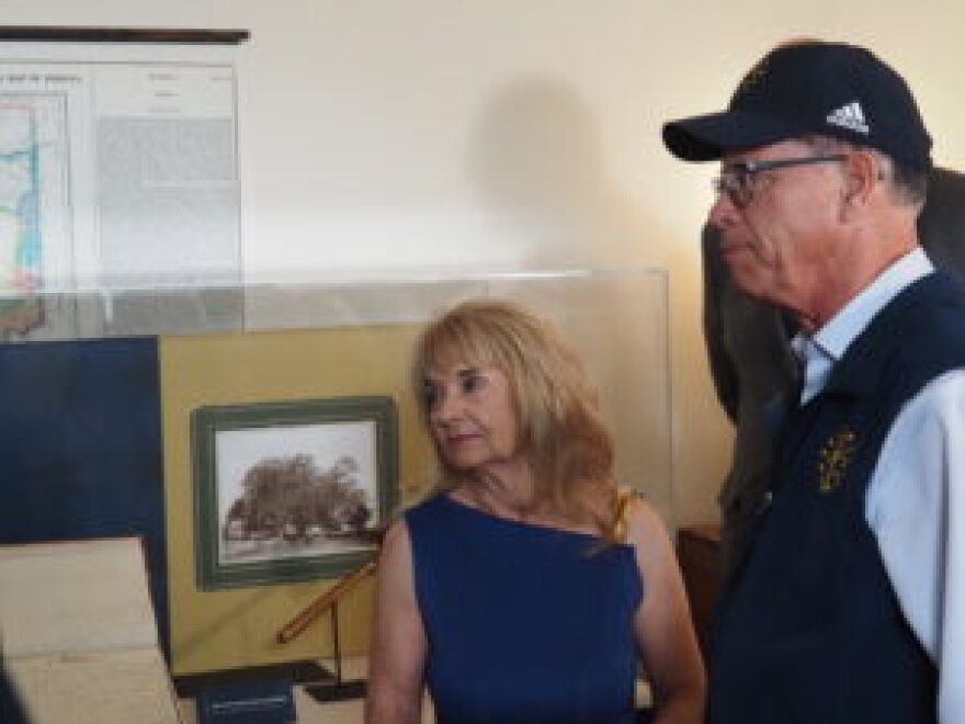 Gov. Mike Braun and first lady Maureen Braun stand by a display featuring Indiana’s original 1816 state constitution in Corydon, Indiana, on Wednesday, June 10, 2026.