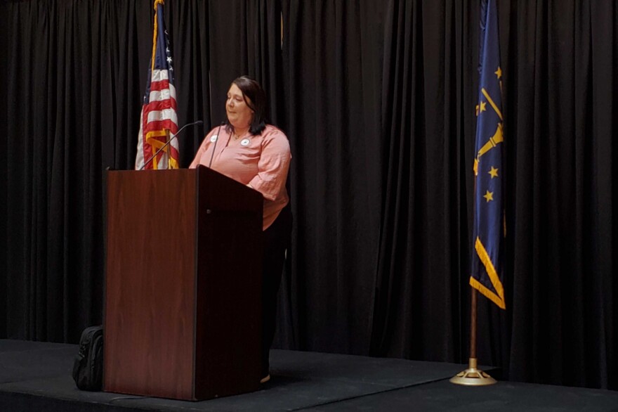 Jessica Savage, from Columbus, spoke about her personal experience being a tenant and the issues she's had with eviction at the first Tenants Day of Action at the Statehouse Thursday.