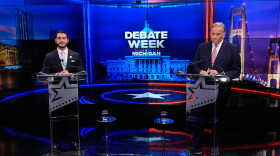 Democratic nominee for U.S. Senate Abdul El-Sayed, left, appears with Republican nominee for U.S. Senate Mike Rogers during a televised debate at WOOD-TV, on Thursday, Oct. 8, 2026, in Grand Rapids, Mich. (AP Photo/Paul Sancya, Pool)