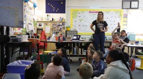 Students in a second grade classroom at Ptarmigan Elementary School in Anchorage receive instruction from student teacher Erisa Koci.