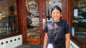 Cassandra Srisruanpunt outside of Momo's Poke in Chico, Calif., on July 10, 2024.
