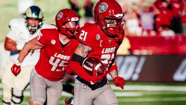 University of New Mexico senior safety Austin Brawley runs back an interception during UNM's 20-17 victory over Colorado State University at University Stadium in Albuquerque on Nov. 15, 2025.