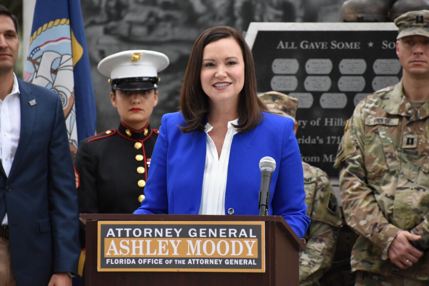 Florida Attorney General Ashley Moody, seen speaking at an event in Nov. 2019, says a Sarasota clinic is giving out more than $9,000 in refunds for selling unapproved COVID-19 test kits.