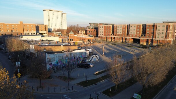 An aerial picture of a street view in Uptown Normal. 