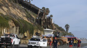 Lifeguards and search and rescue personnel work at the site of a cliff collapse at a popular beach on Aug. 2, 2019, in Encinitas, California. (Denis Poroy/AP)