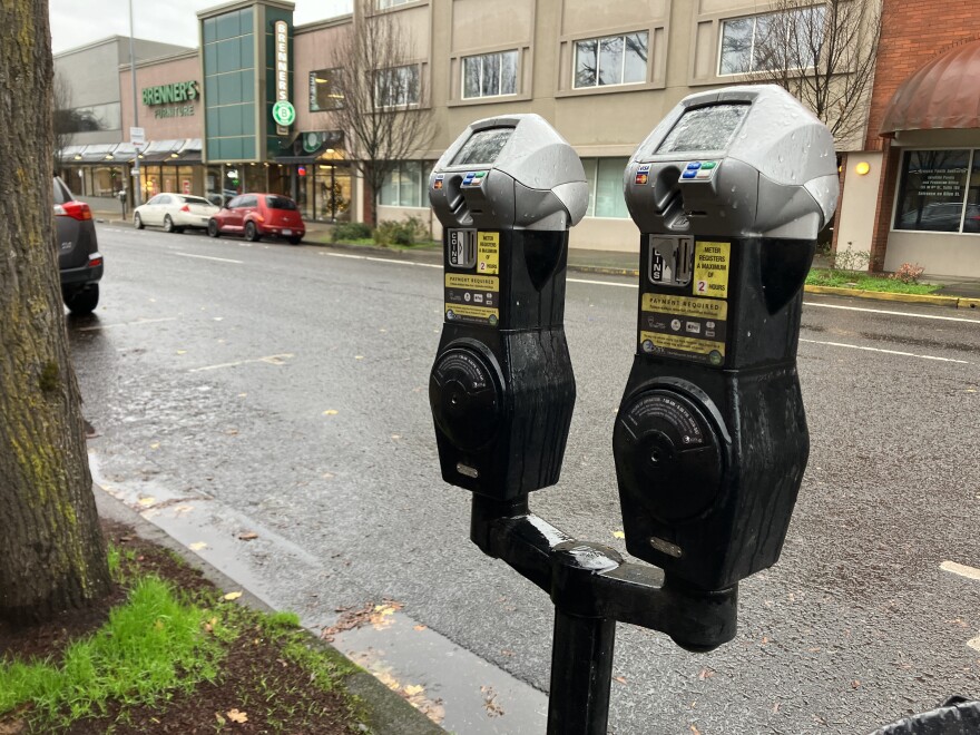 A pair of parking meters on the edge of a city street.