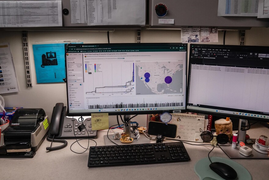A computer shows an analysis of measles sequencing results at the Los Angeles County Department of Public Health laboratory in Downey on Feb. 26, 2026.