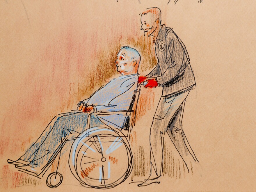 This courtroom sketch depicts Bowers, who was wounded in a gunbattle with police, as he appeared in a wheelchair at federal court on Monday. On Thursday, he walked into the courtroom to plead not guilty in the Pittsburgh synagogue attack.