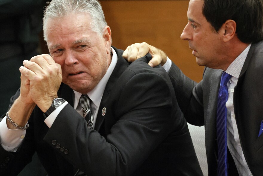 Former Marjory Stoneman Douglas High School School Resource Officer Scot Peterson reacts as he is found not guilty on all charges at the Broward County Courthouse in Fort Lauderdale, Fla., on Thursday, June 29, 2023. 