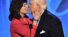 Sen. Edward Kennedy receives a kiss from his wife Vicki before his address to the Democratic National Convention in August 2008. (Paul J. Richards/AFP/Getty Images)