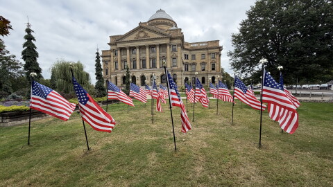 Luzerne County’s patriotic display of flags for America 250 and the county’s 240th anniversary is seen Friday, Aug. 28, outside the courthouse in Wilkes-Barre. County officials say a number of U.S. flags and the county flag were stolen from the display earlier in August.
