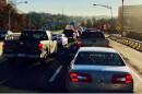 Cars and trucks backed up on a highway