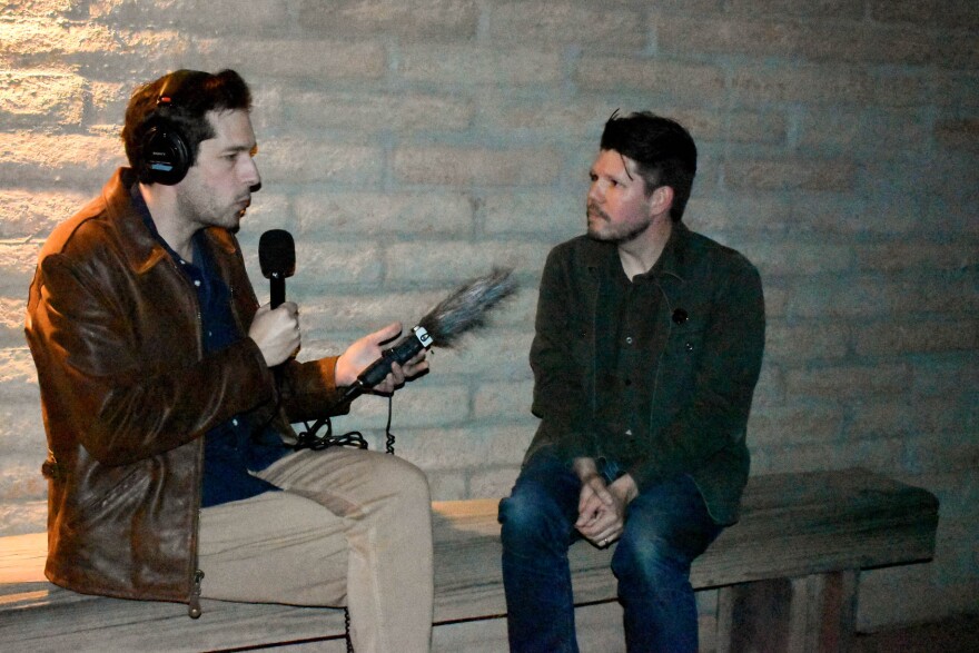 Jason P. Woodbury (right) talks to The Show’s Sam Dingman after JPW's Tiny Desert Concert at Cattle Track Arts Compound in Scottsdale.