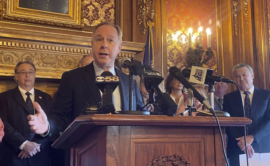 Assembly Speaker Robin Vos speaks during a news conference, Wednesday, March 15, 2023, in Madison, Wis. Vos and other Republican lawmakers unveiled a bill to include exceptions for rape and incest in Wisconsin's 1849 abortion ban.