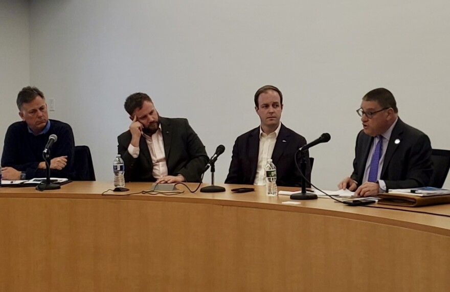 (From left to right) Steamship Authority General Manager Alex Kryska, State Senator Julian Cyr, State Representative Thomas Moakley and Massachusetts Inspector General Jeffrey Shapiro were on Martha's Vineyard Monday for a meeting about the Steamship Authority.