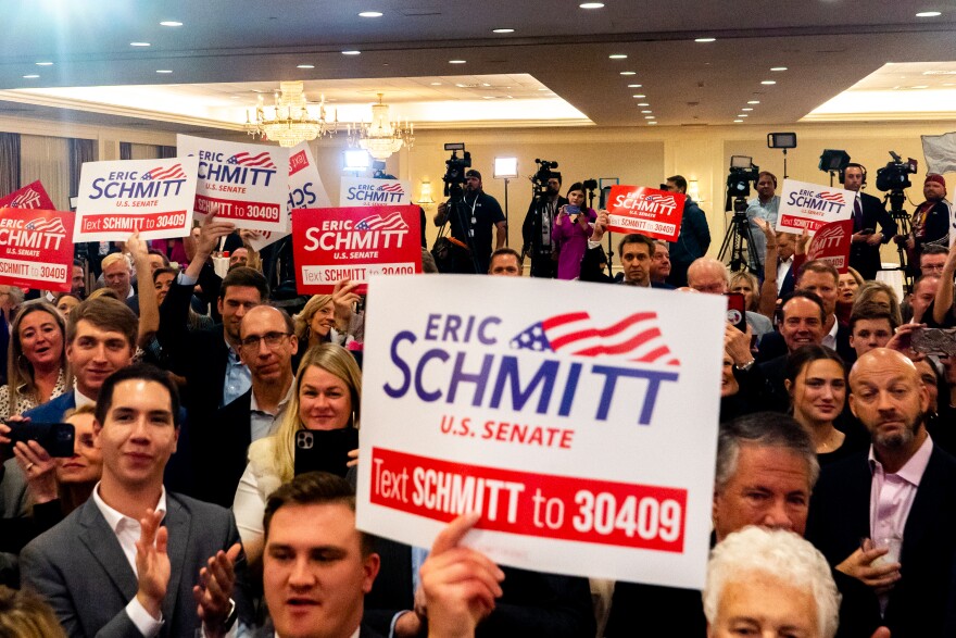 Attorney General Eric Schmitt supporters celebrate him winning the state’s open U.S. Senate seat on Tuesday, Nov. 8, 2022, at a Midterm watch party at the Westport Sheraton Chalet in Maryland Heights.