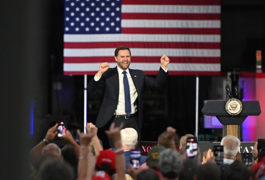 Vice President JD Vance dances before leaving the stage at Don's Machine Shop in West Pittston Wednesday afternoon after a 21-minute speech on the Big Beautiful Bill Act.