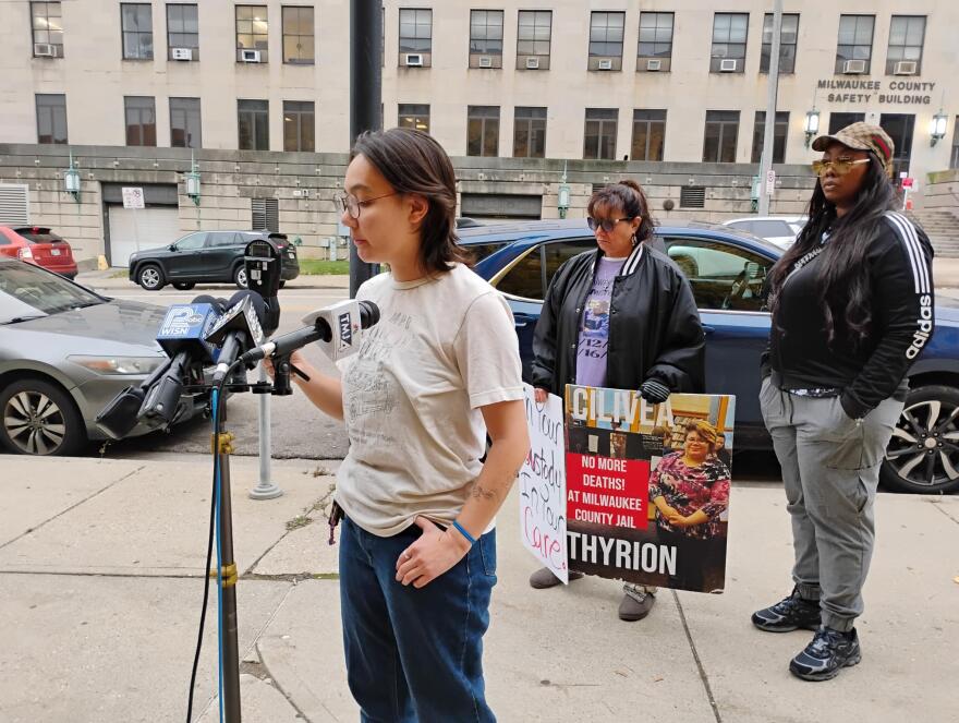 Casey Serrano of the Milwaukee Alliance Against Racist and Political Repression speaks during a Monday news conference outside the Milwaukee County Safety Building.