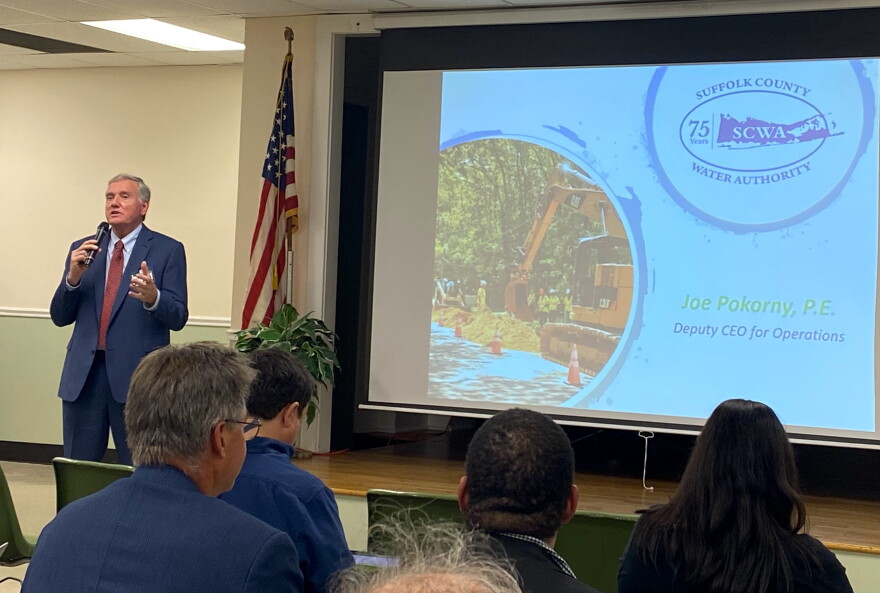 Joe Pokorny, Deputy CEO of Operations at the Suffolk County Water Authority, speaks at the Southold Town Recreation Center on August 20.