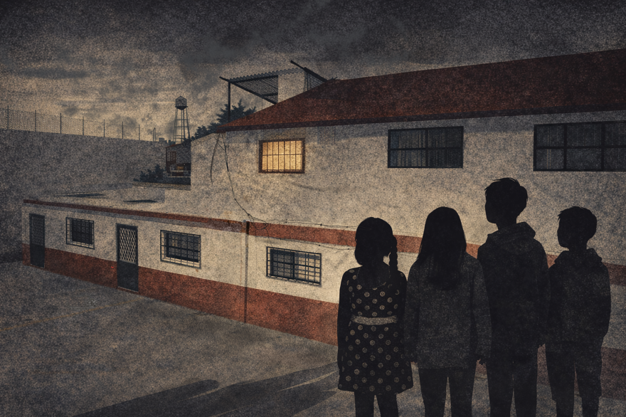 An illustration of four silhouetted kids facing a white and red building.