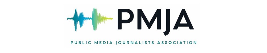 PMJA logo. An audio wave is illustrated and accompanied by text that says “Public Media Journalists Association.”