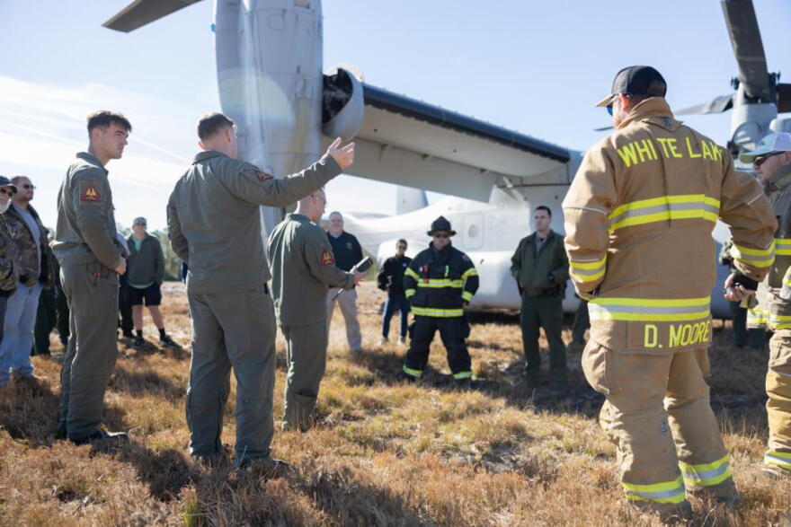 The drill is conducted in partnership with local emergency services departments giving them a rare opportunity to participate in a critical training exercise, while testing and evaluating the procedures utilized by Marine Corps Air Station New River in the event of an actual mishap.