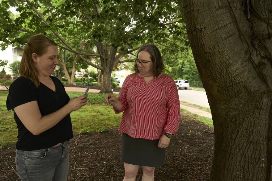 UMSL scientists Aimee Sue Dunlap and Sara Miller track cicada sounds in a neighborhood in Webster Groves last week.