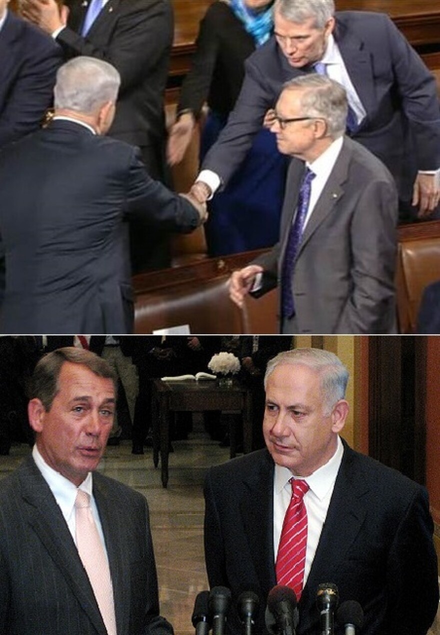 Netanyahu shakes Portman's hand; Netanyahu w/John Boehner  (pix from Portman's office; flickr.com's Talk Radio News Serv