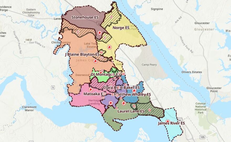 A map of WJCC Schools' proposed new school zone districts released in August.