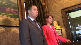 Republican state Senators John Braun and Ann Rivers speak with reporters about the compromise state budget and tax plan to fully fund schools. AUSTIN JENKINS / NORTHWEST NEWS NETWORK