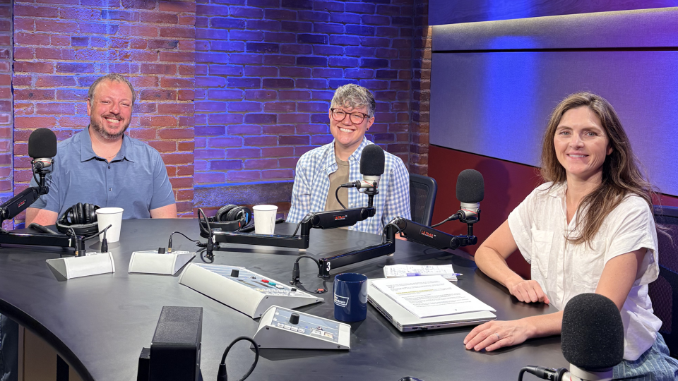 Our panel: Chris Maza, executive editor of Reminder Publishing; Bridgette Davis, assistant professor of public policy at UMass Amherst; news reporter Phil Bishop (not pictured); and making his debut on the panel, Jordan Wolman, a senior reporter at CommonWealth Beacon (not pictured).