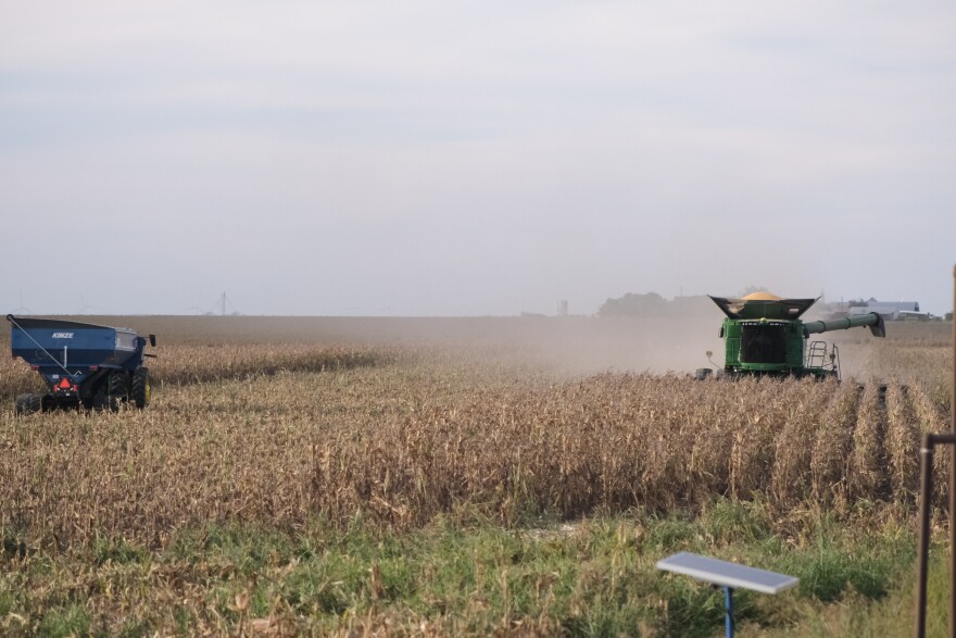 A combine drives through a dryland corn field. After it fills up, it will unload the corn directly into a semi truck to be taken to feedlots.