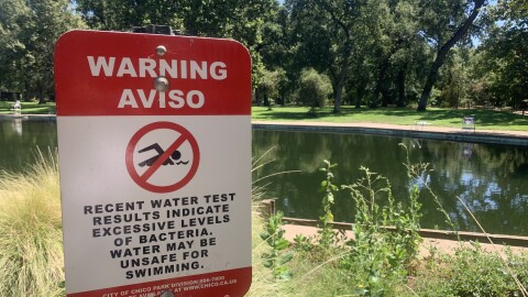 Warning advisory posted in front of Sycamore Pool at One Mile Recreation Area in Bidwell Park, Chico, Calif. July 25, 2025.