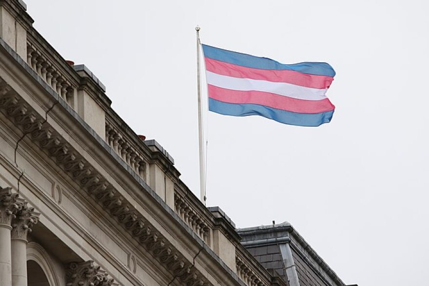 The Transgender Pride Flag flies on the Foreign Office building in London on Transgender Day of Remembrance on Nov. 20, 2017.