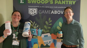 Swoop's Food Pantry Director Ben Roberts-Widdison (right) and Graduate Assistant Emily Bryson at Swoop's Food Pantry.