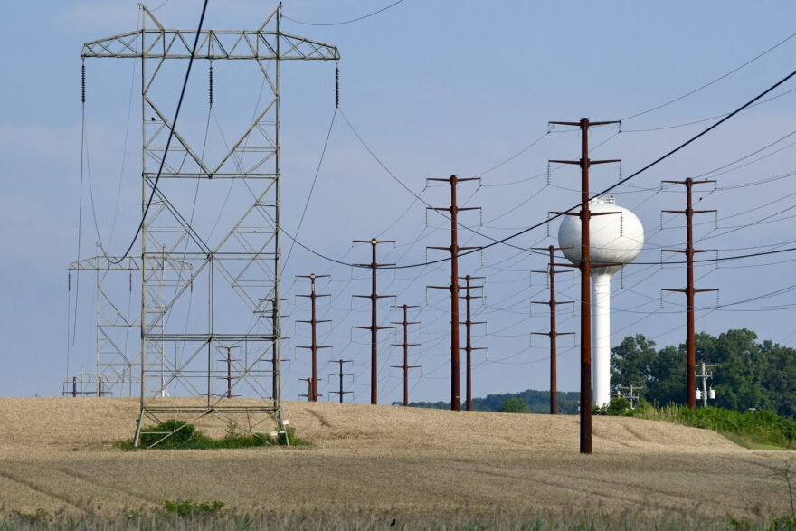 Power lines cross a field in Snyder County, Pennsylvania.