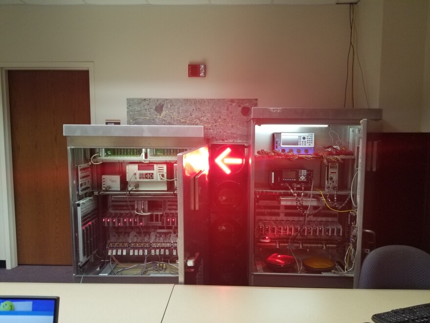 The inside of a traffic signal cabinet in Hatem Abou-Senna's lab at the University of Central Florida.
