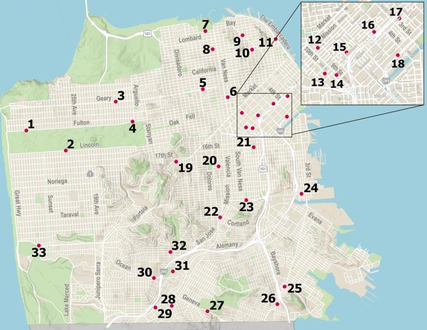 A map of the speed camera locations in San Francisco