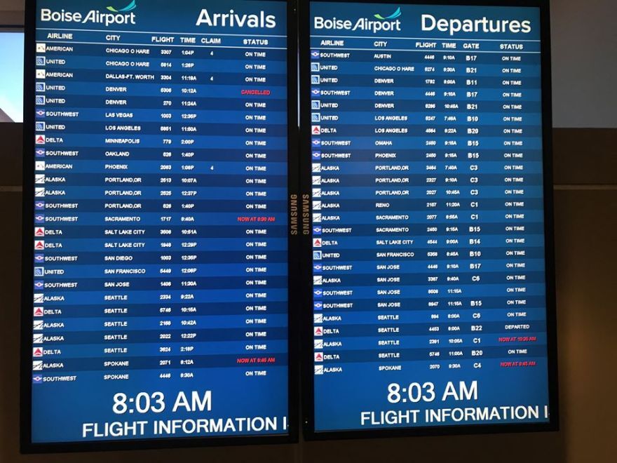 photo of arrivals and departures boards at Boise Airport