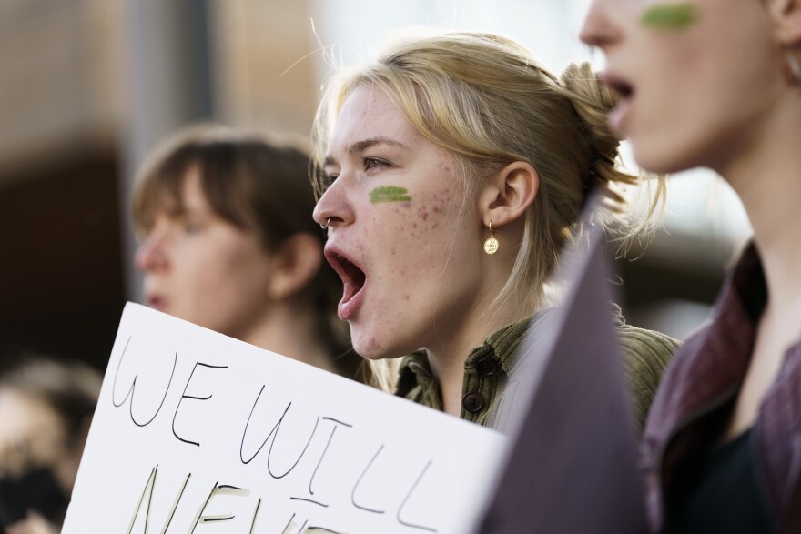 <strong>Portland</strong>: Emma Giometti, 19, at an emergency protest held at Portland State University.