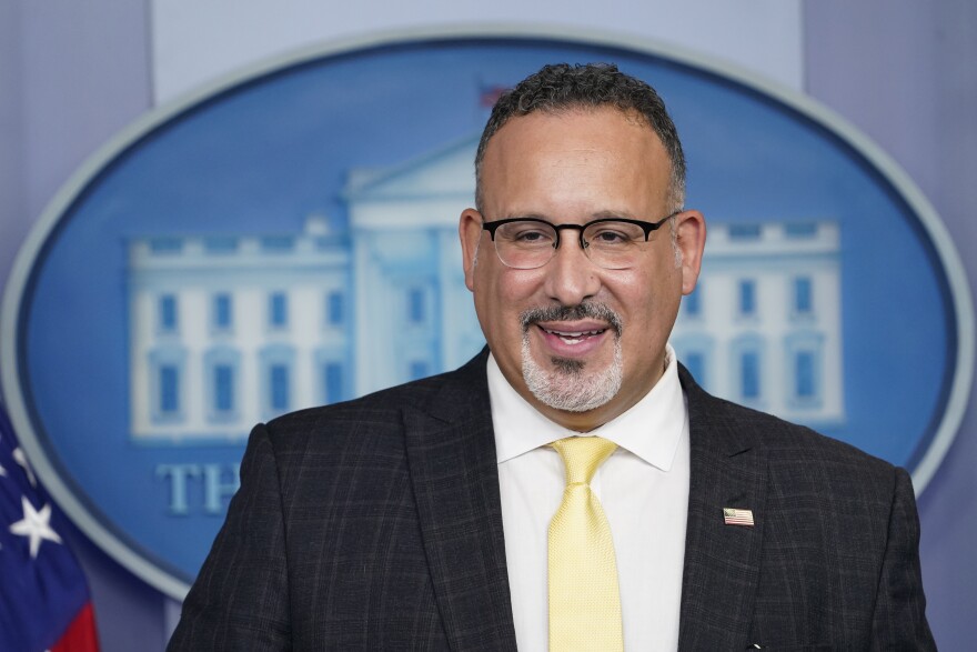 Education Secretary Miguel Cardona speaks during the daily briefing at the White House in Washington, Thursday, Aug. 5, 2021. (AP Photo/Susan Walsh)