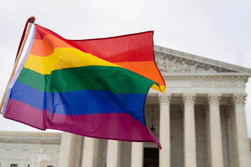 A pride flag in front of the U.S. Supreme Court, Oct. 8, 2019, in Washington, D.C.