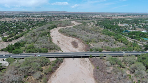 A dry Rio Grande riverbed pictured in Albuquerque, New Mexico on Aug. 27, 2026.