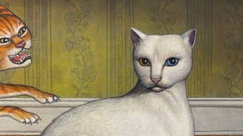 a still image of a drawing of a white cat on a purple rug