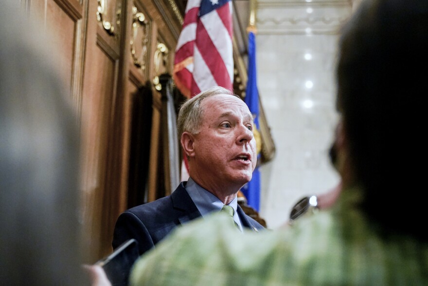 Wisconsin Assembly Speaker Robin Vos talks to the media after Gov. Tony Evers addressed a joint session of the state Legislature in the Assembly chambers during his State of the State speech at the state Capitol, Feb. 15, 2022, in Madison, Wis.