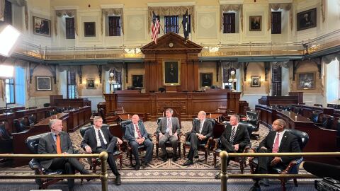 Members of the South Carolina Senate Republican Caucus speak to reporters on Wednesday, Jan. 7, 2026, inside the Statehouse Senate chambers in Columbia, S.C. Pictured from left are Republican Sens. Michael Johnson of York County; Tom Davis of Beaufort County; President Thomas Alexander of Oconee County; Senate Majority Leader Shane Massey of Edgefield County; Sean Bennett of Dorchester County; Greg Hembree of Horry County; and Mike Reichenbach of Florence County.