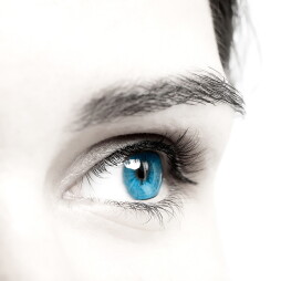 Snellen chart and closeup of woman's eye on white background, banner design. Color toned