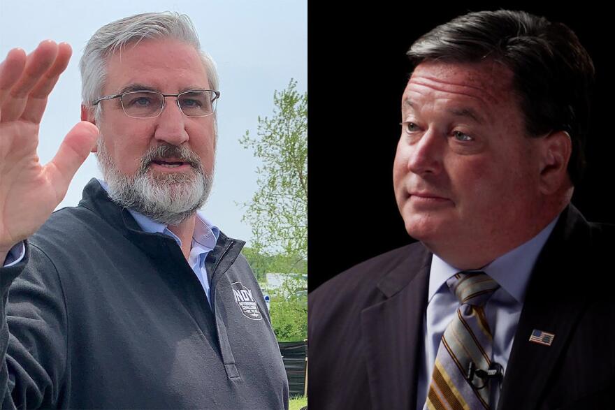 Attorneys for Gov. Eric Holcomb, left, and Attorney General Todd Rokita, right, faced off in county court over a lawsuit challenging a new emergency powers law.