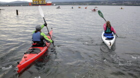 Kayakers protesting the arrival of Shell's Polar Pioneer rig in Port Angeles in April