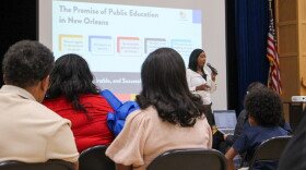 Superintendent Fateama Fulmore speaks to families at Fannie C. Williams in New Orleans East on Oct. 15, 2026.